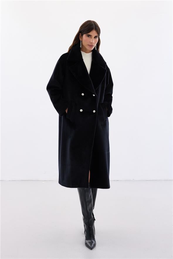 Düğme Detaylı Uzun Kaban - Siyah