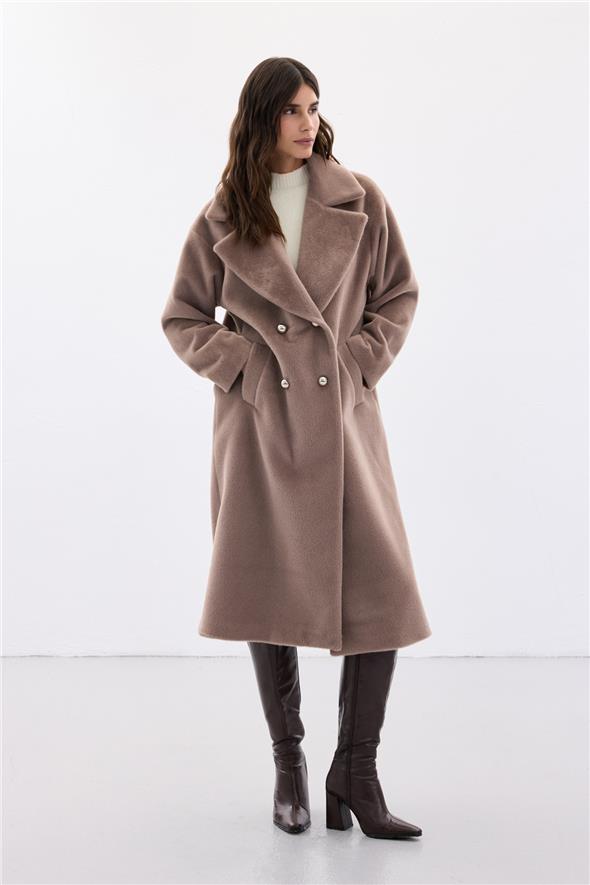 Düğme Detaylı Uzun Kaban - Vizon