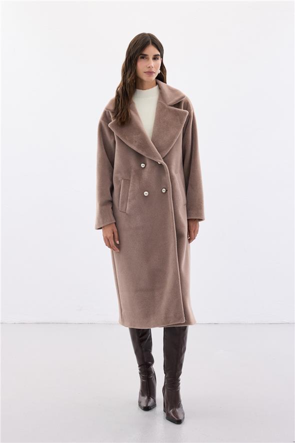 Düğme Detaylı Uzun Kaban - Vizon