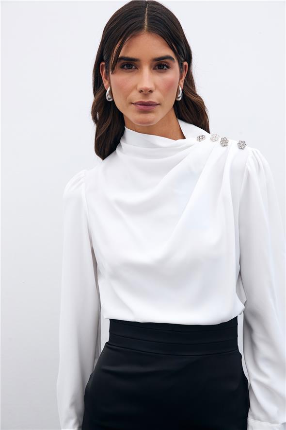 Düğmeleri Taş Detaylı Bluz - Ekru