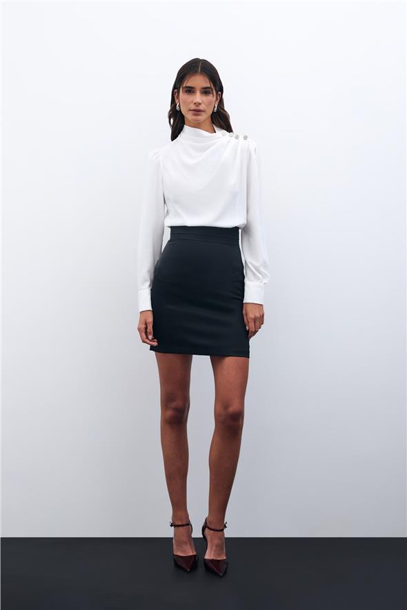 Düğmeleri Taş Detaylı Bluz - Ekru