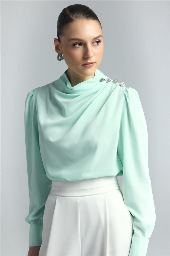 Düğmeleri Taş Detaylı Bluz - Mint