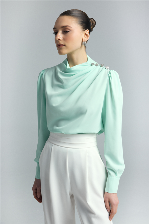 Düğmeleri Taş Detaylı Bluz - Mint