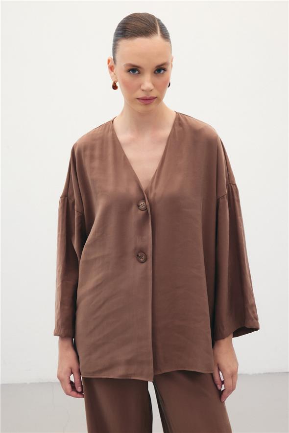 Düğmeli Kimono - Kahve