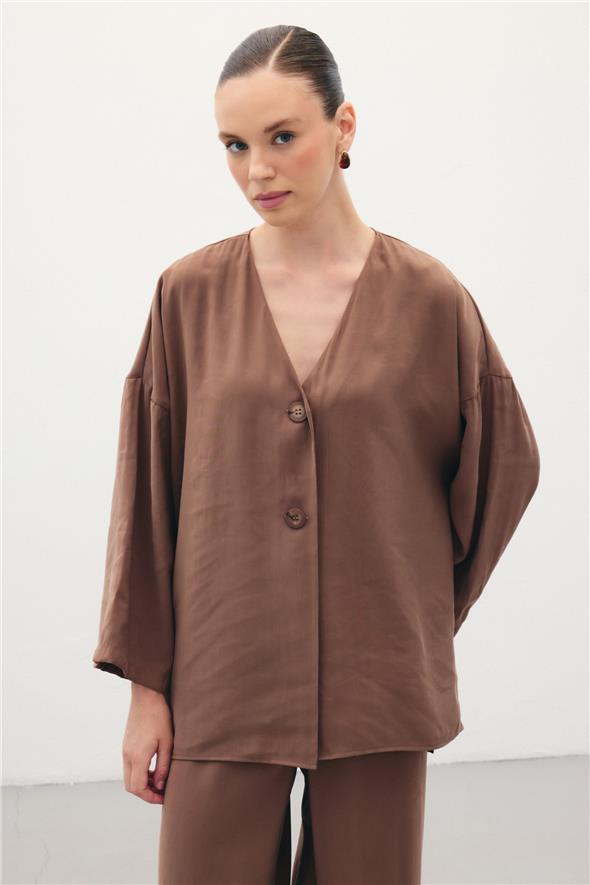 Düğmeli Kimono - Kahve