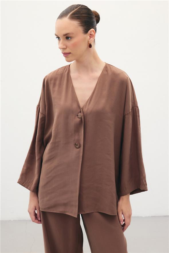 Düğmeli Kimono - Kahve