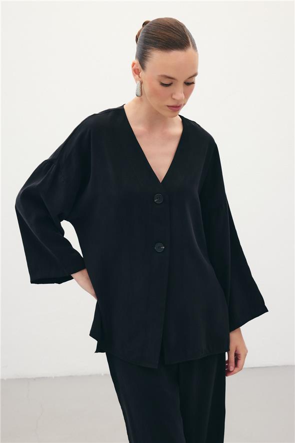 Düğmeli Kimono - Siyah