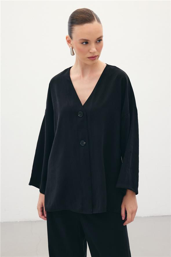 Düğmeli Kimono - Siyah