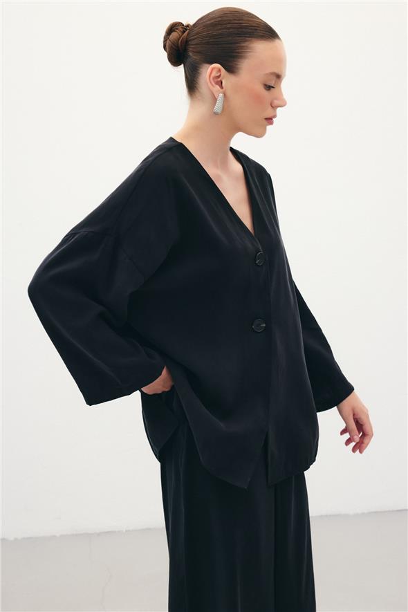 Düğmeli Kimono - Siyah
