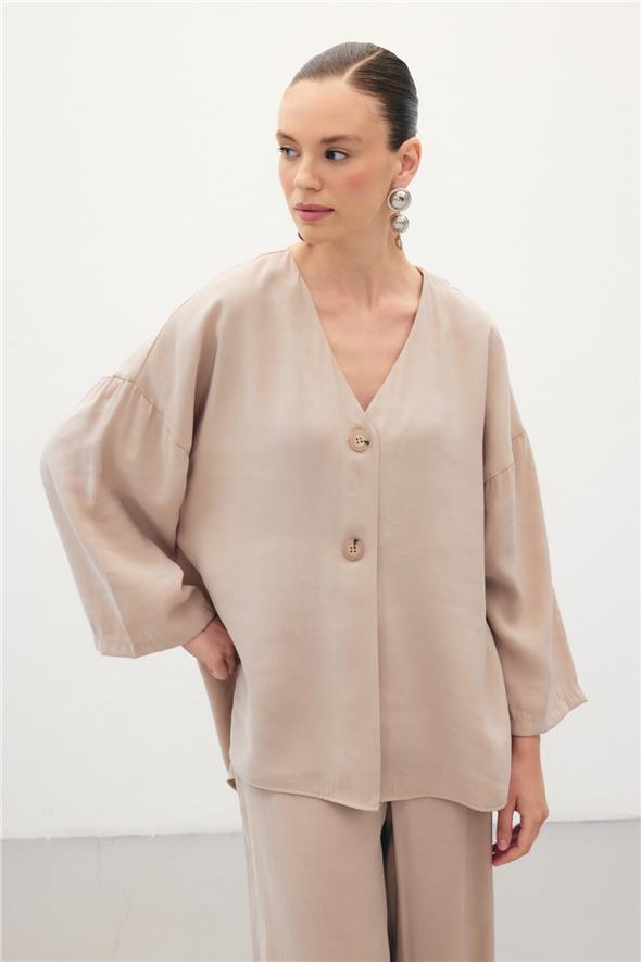 Düğmeli Kimono - Taş