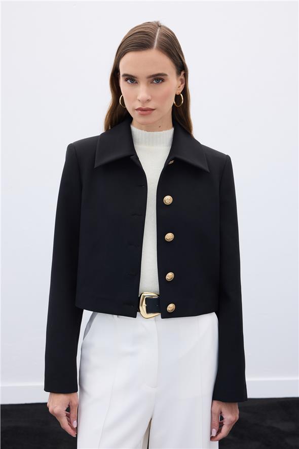 Düğmeli Kısa Ceket - Siyah