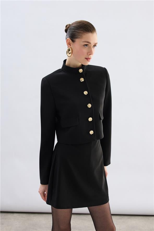 Düğmeli Kısa Ceket - Siyah