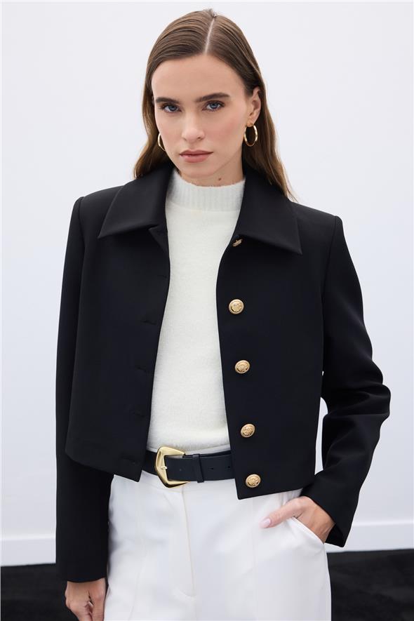 Düğmeli Kısa Ceket - Siyah