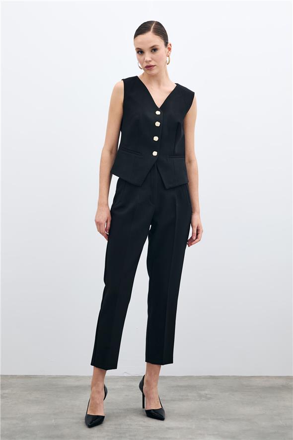 Düğmeli Kısa Yelek - Siyah