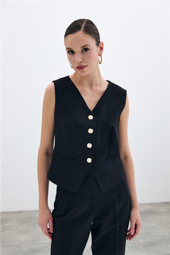 Düğmeli Kısa Yelek - Siyah