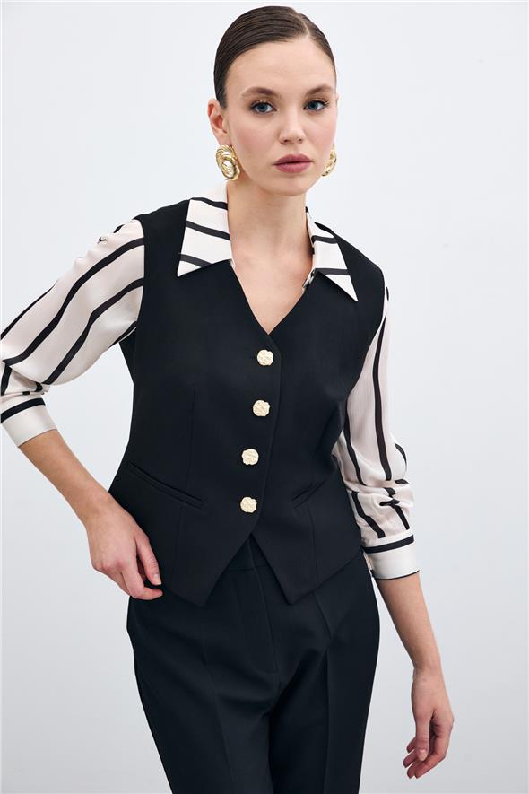 Düğmeli Kısa Yelek - Siyah