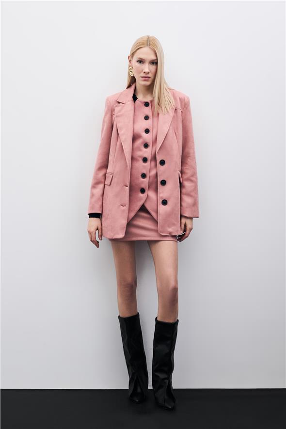 Düğmeli Süet Ceket - Pudra