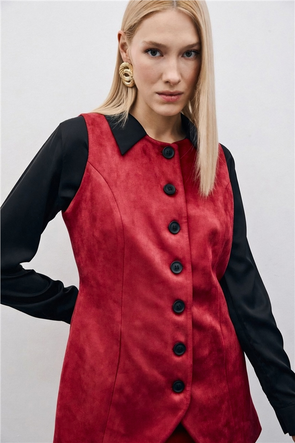 Düğmeli Uzun Süet Yelek - Bordo