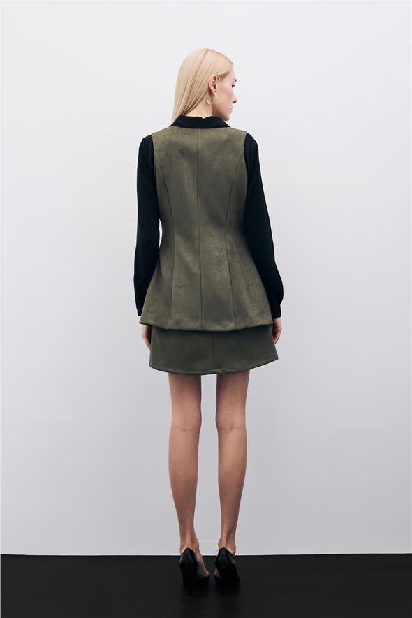 Düğmeli Uzun Süet Yelek - Haki