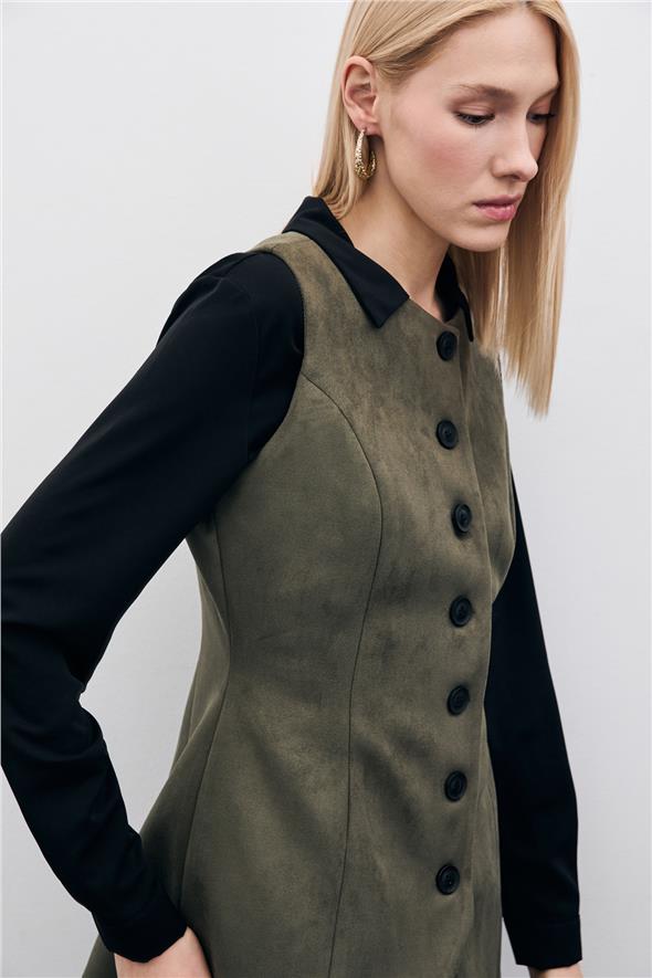 Düğmeli Uzun Süet Yelek - Haki