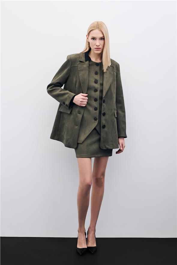 Düğmeli Uzun Süet Yelek - Haki