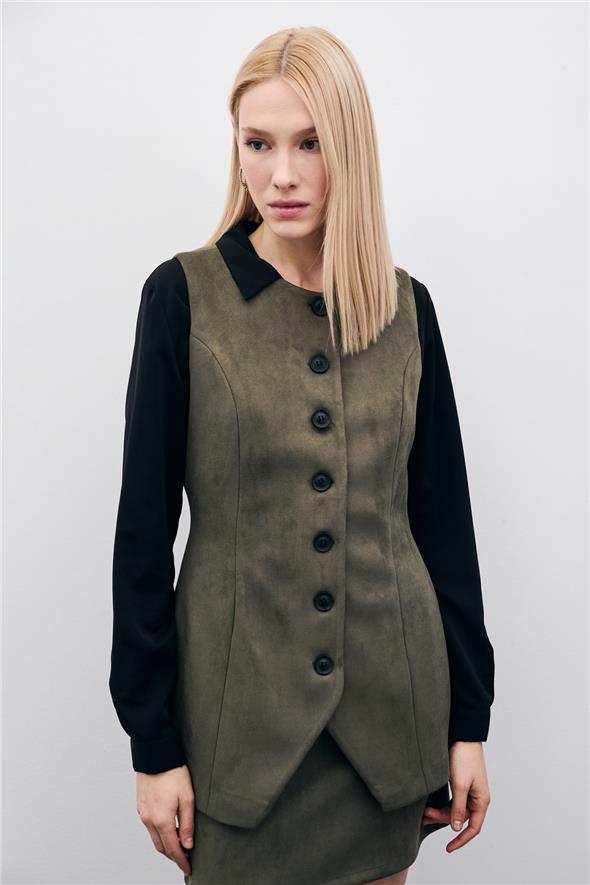 Düğmeli Uzun Süet Yelek - Haki
