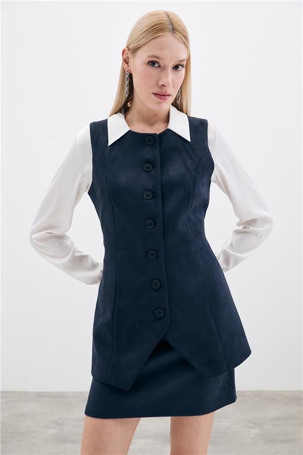 Düğmeli Uzun Süet Yelek - Lacivert