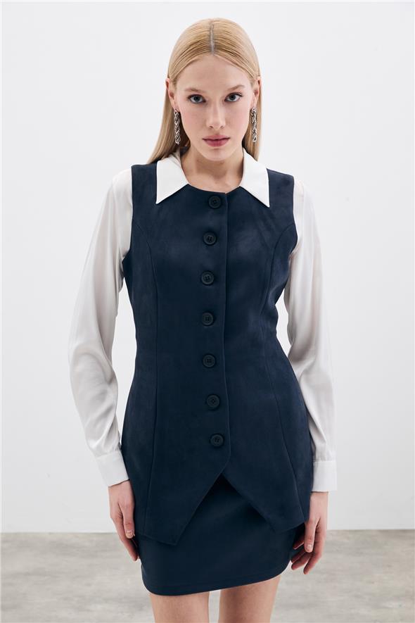 Düğmeli Uzun Süet Yelek - Lacivert