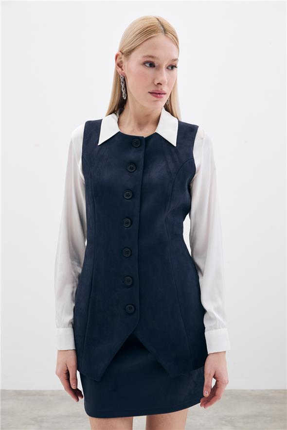 Düğmeli Uzun Süet Yelek - Lacivert