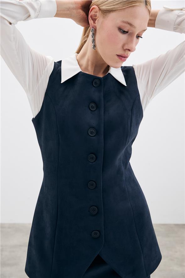Düğmeli Uzun Süet Yelek - Lacivert