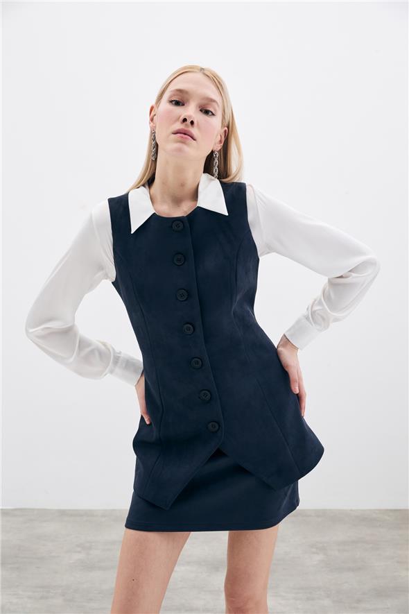 Düğmeli Uzun Süet Yelek - Lacivert