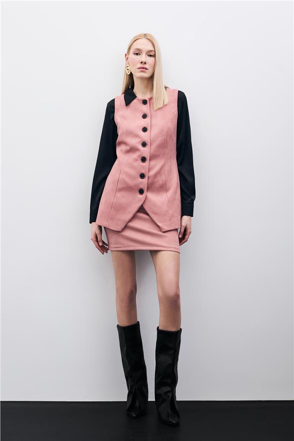 Düğmeli Uzun Süet Yelek - Pudra