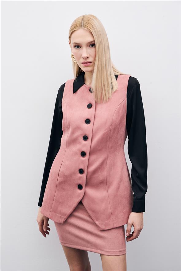 Düğmeli Uzun Süet Yelek - Pudra