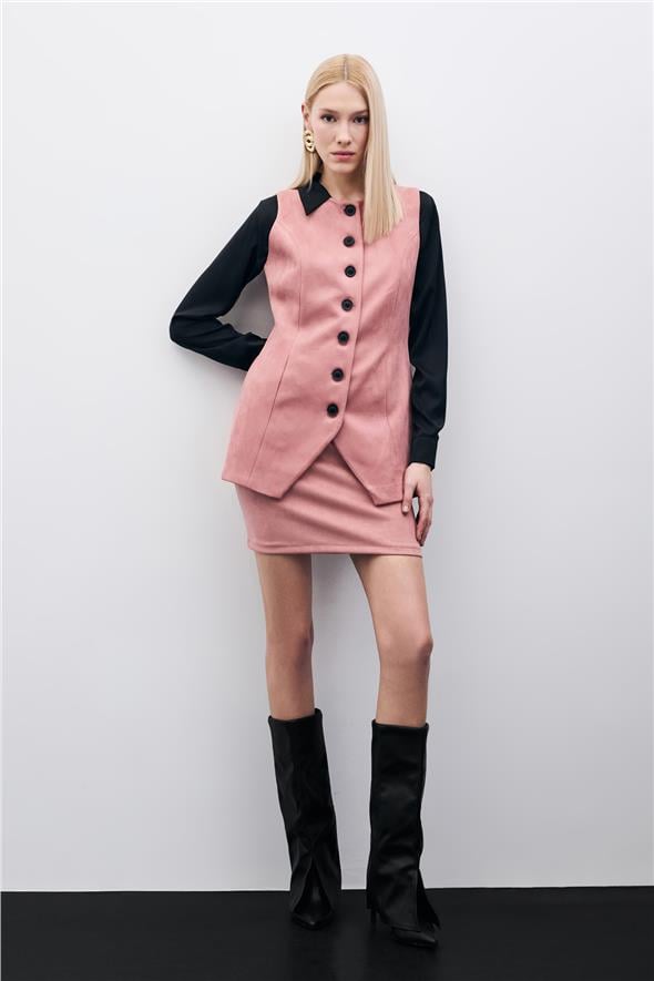 Düğmeli Uzun Süet Yelek - Pudra