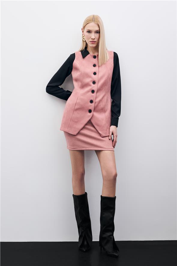 Düğmeli Uzun Süet Yelek - Pudra