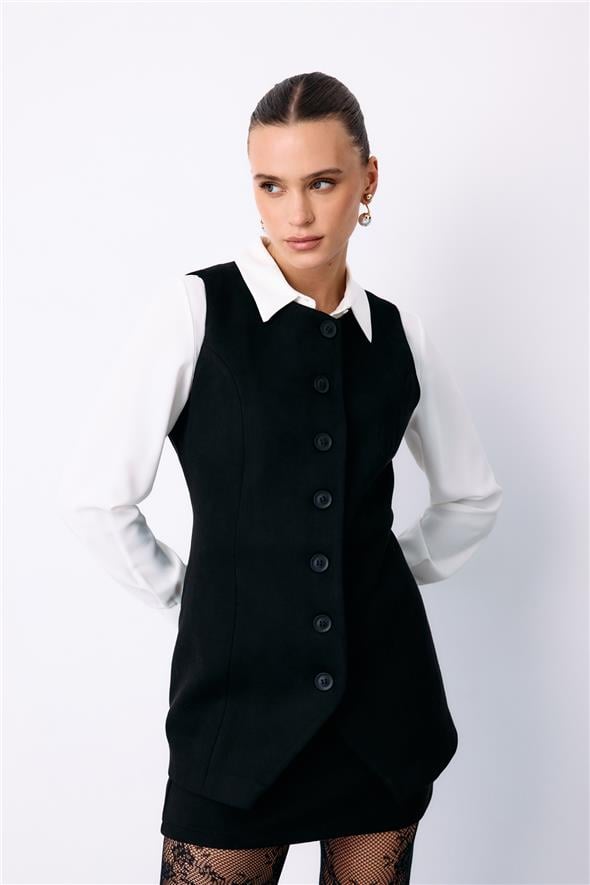 Düğmeli Uzun Süet Yelek - Siyah