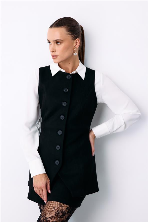 Düğmeli Uzun Süet Yelek - Siyah