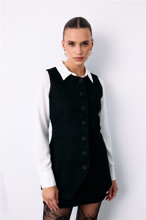 Düğmeli Uzun Süet Yelek - Siyah