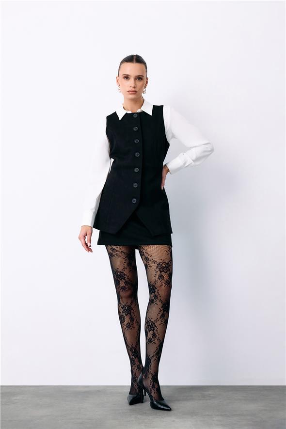 Düğmeli Uzun Süet Yelek - Siyah