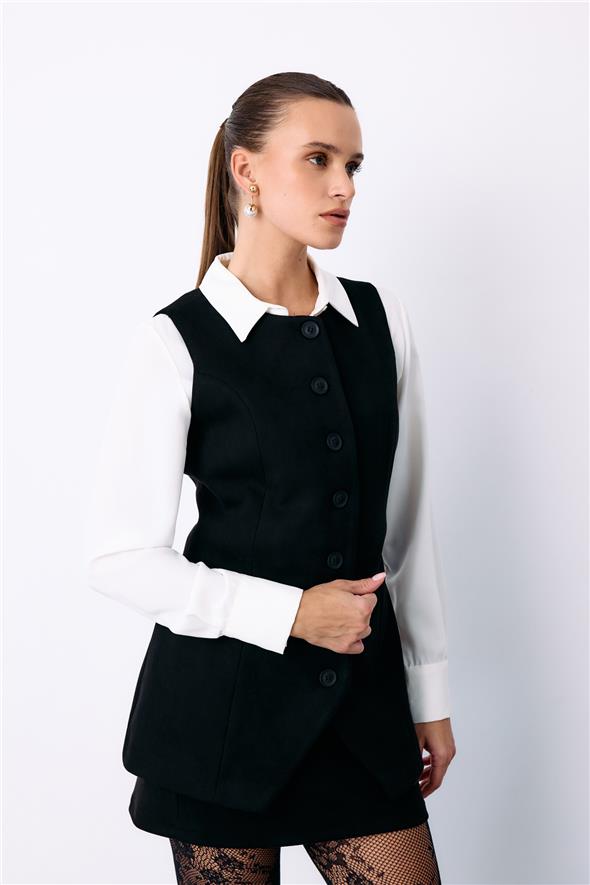 Düğmeli Uzun Süet Yelek - Siyah