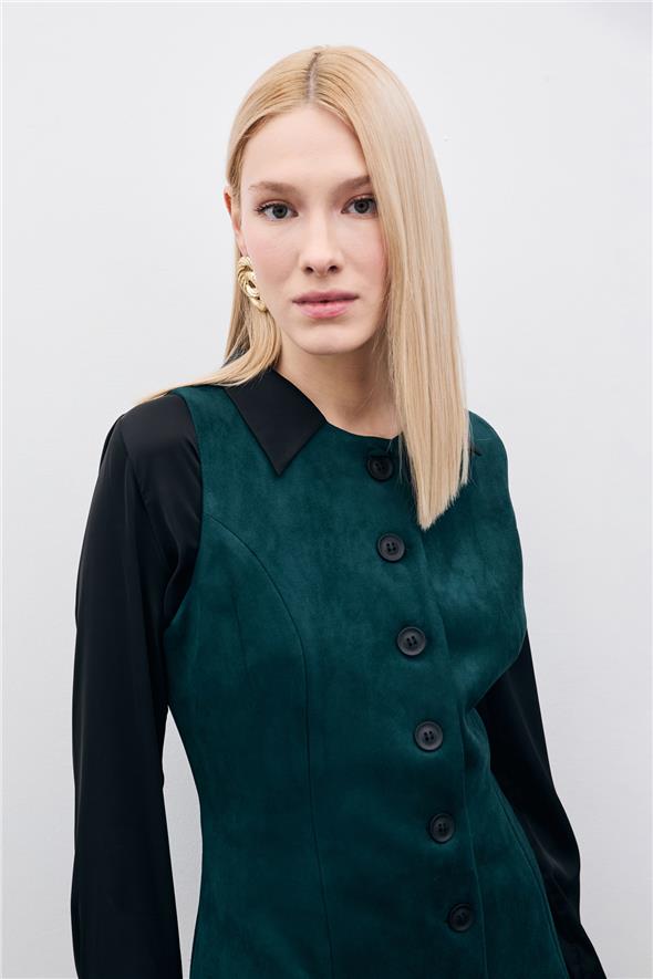 Düğmeli Uzun Süet Yelek - Zümrüt