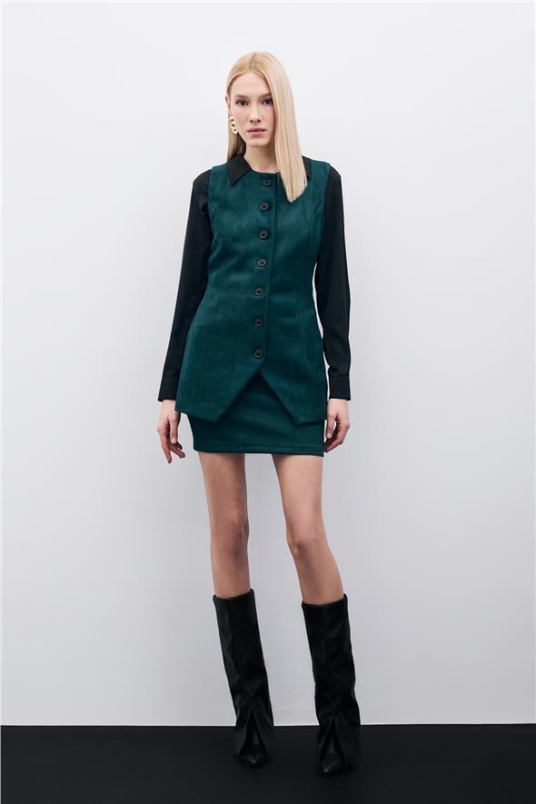 Düğmeli Uzun Süet Yelek - Zümrüt