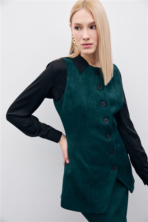 Düğmeli Uzun Süet Yelek - Zümrüt
