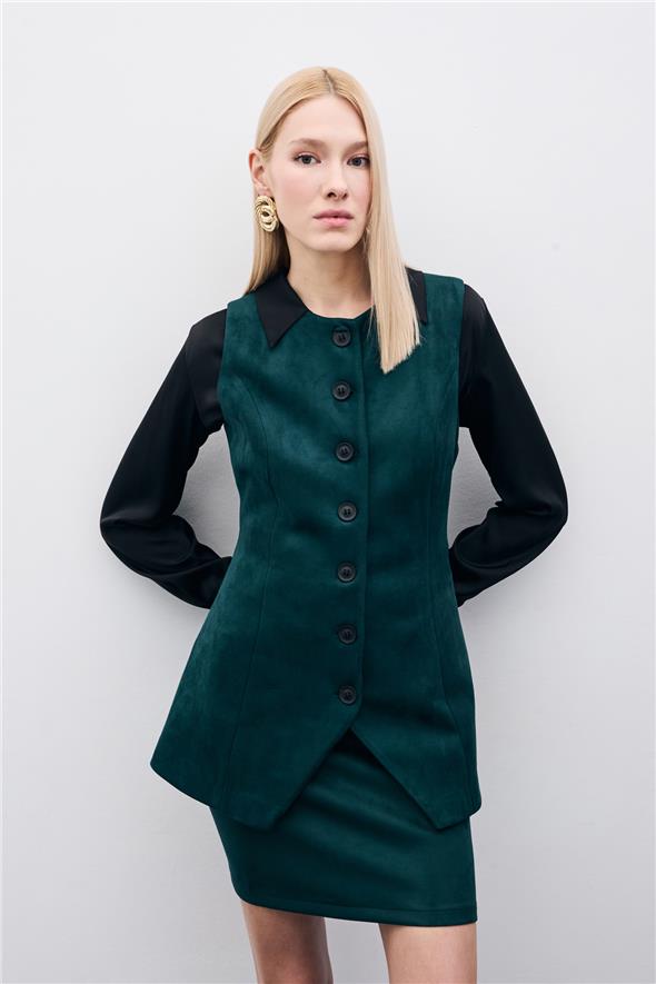 Düğmeli Uzun Süet Yelek - Zümrüt