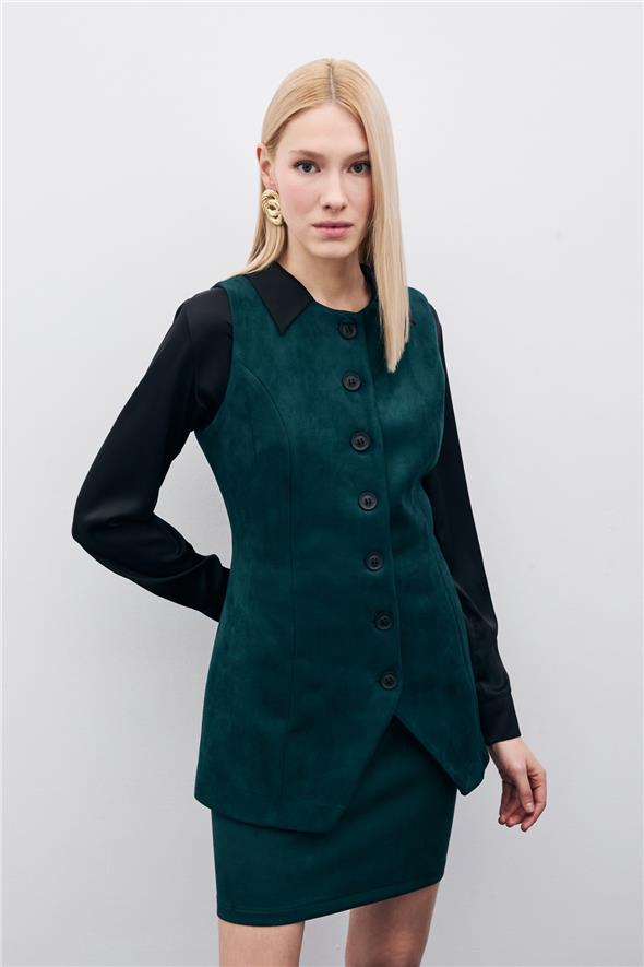 Düğmeli Uzun Süet Yelek - Zümrüt