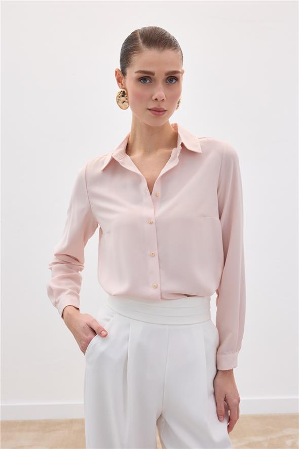 Düz Klasik Gömlek - Pudra