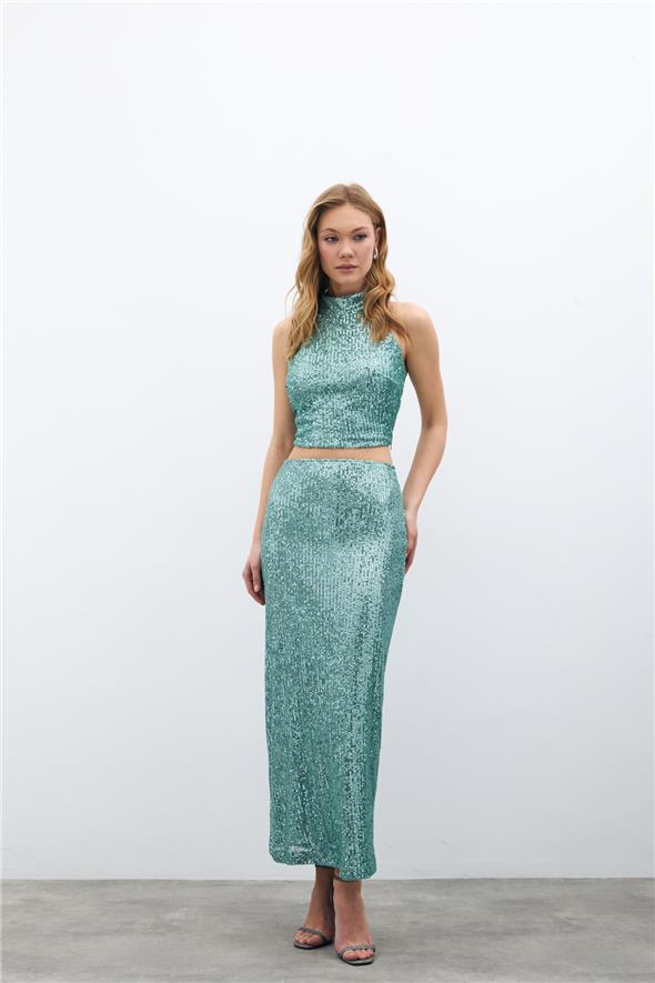 Fermuarlı Karolin Midi Etek - Mint