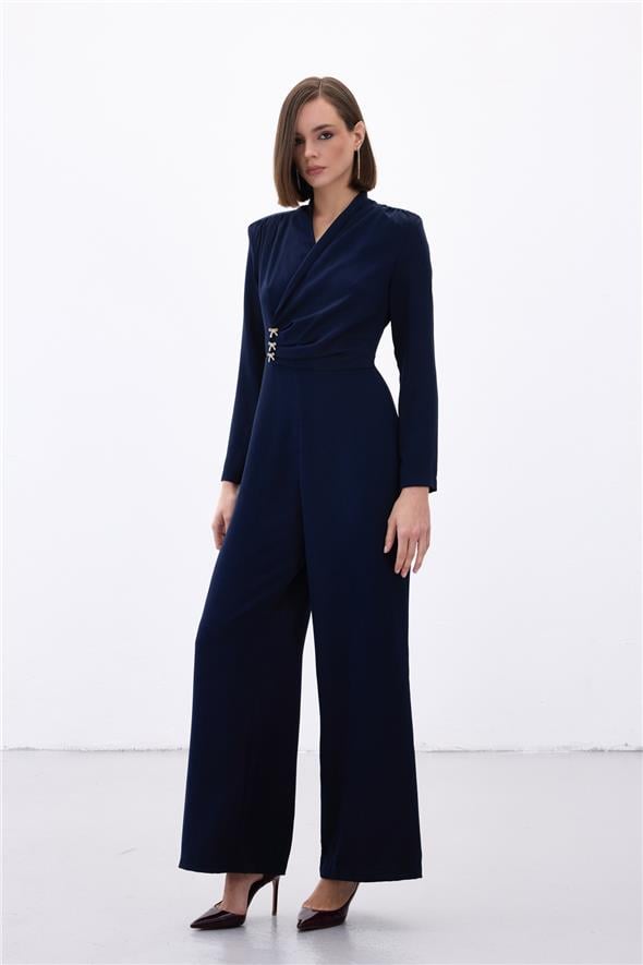 Fiyonk Aksesuarlı Krep Tulum - Lacivert