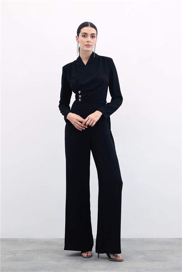 Fiyonk Aksesuarlı Krep Tulum - Siyah