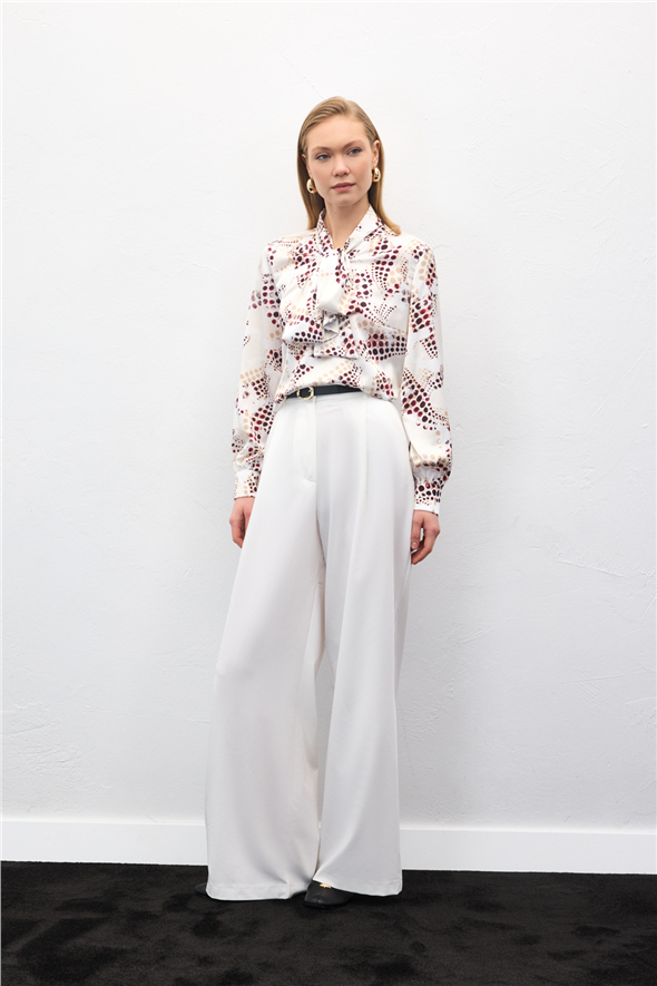 Fular Detaylı Desenli Bluz - Ekru